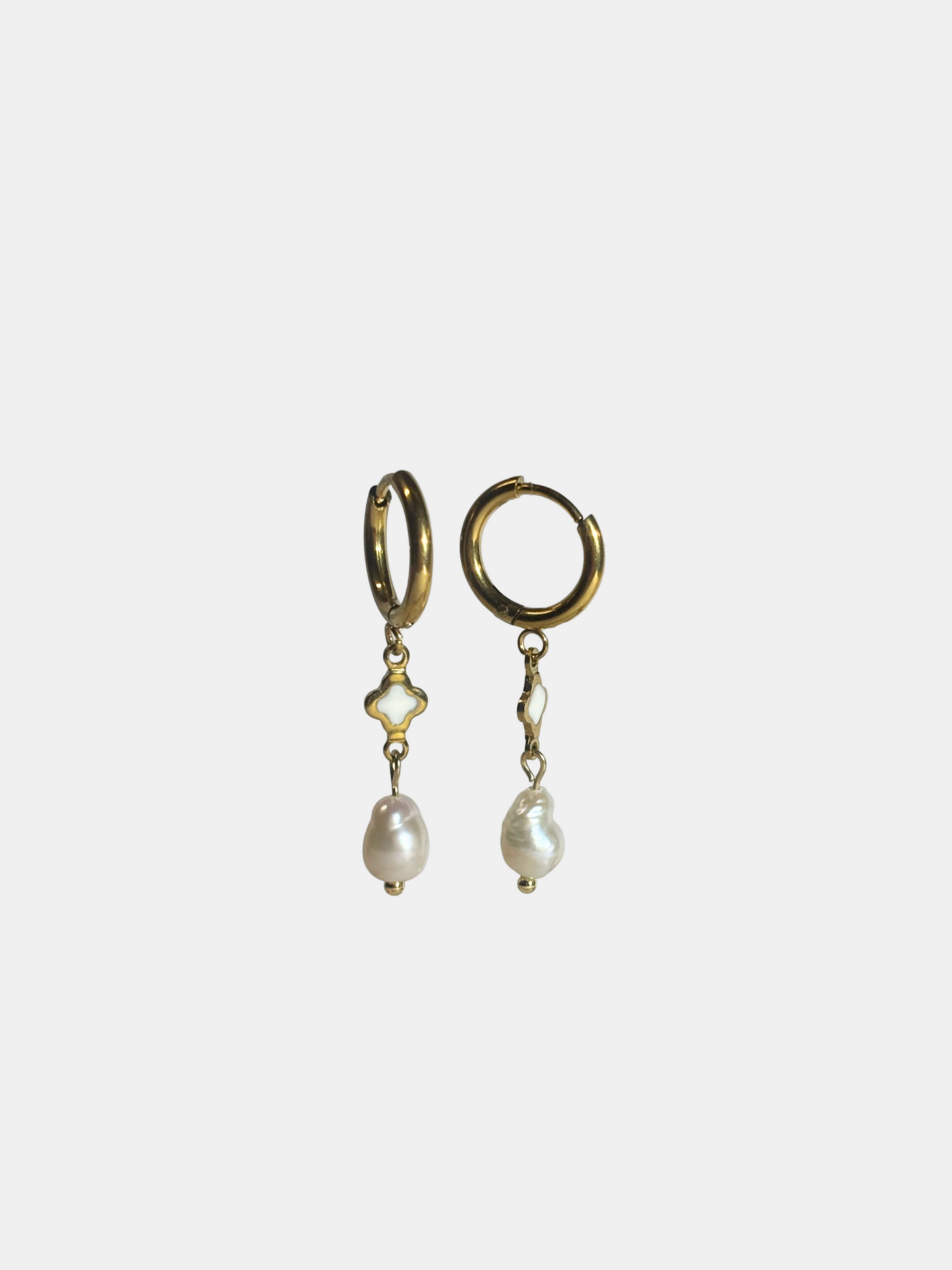 Gold hoop earrings with dangling genuine baroque pearls and quatrefoil detail.