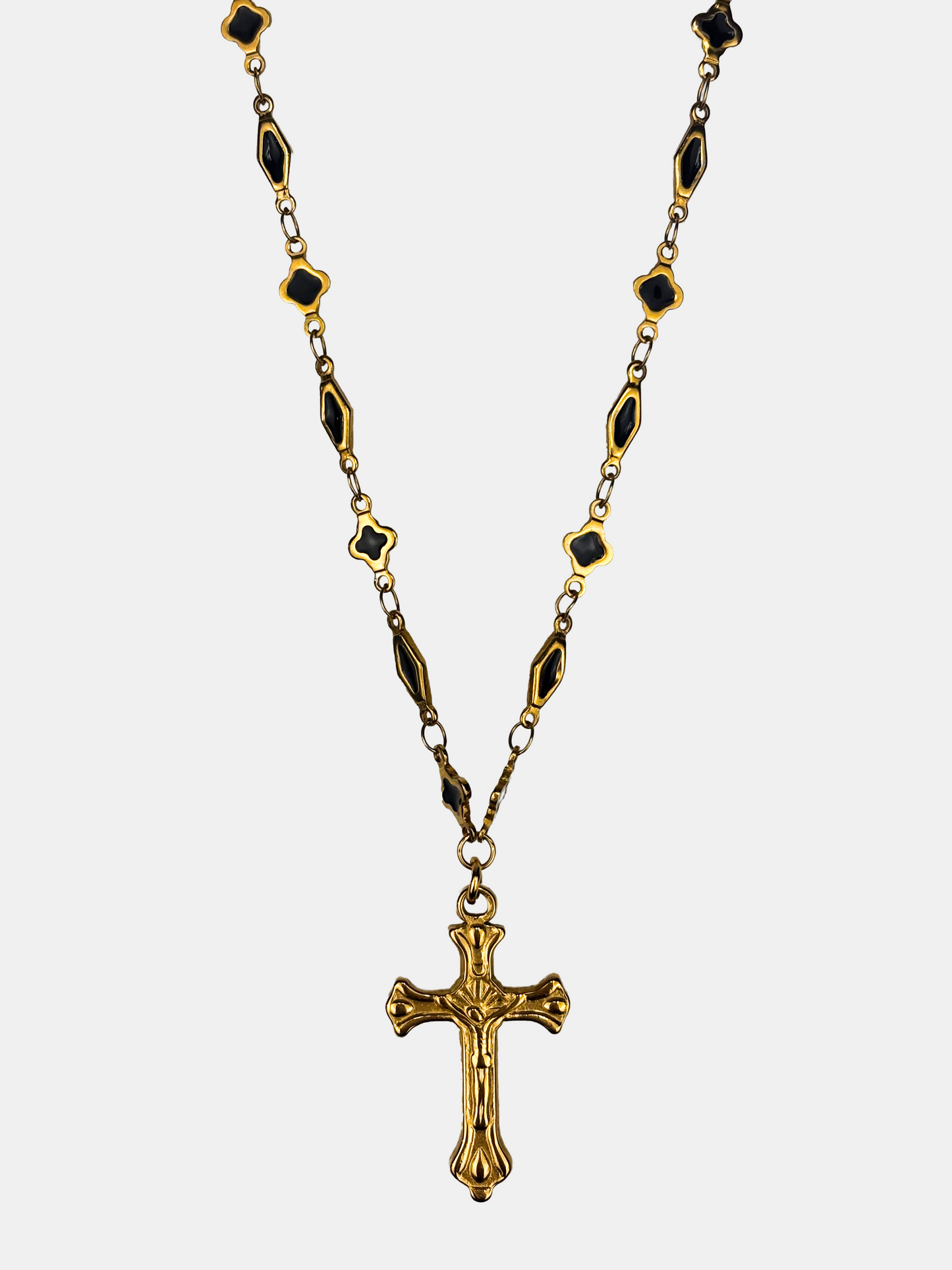 Elegant Victorian-style cross necklace featuring a gold pendant and black chain details, ideal for dark romantic aesthetics