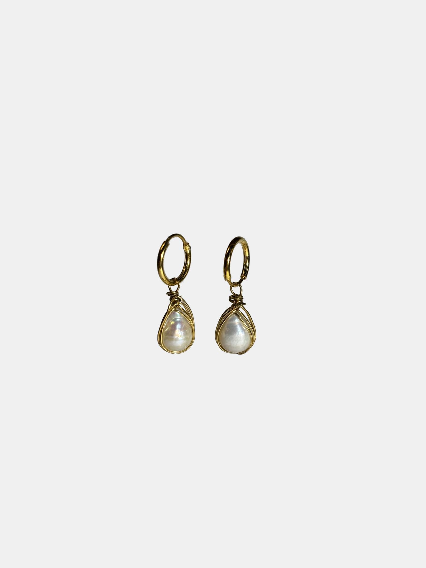 Gold wire-wrapped genuine pearl drop earrings, a timeless bridal accessory perfect for a wedding day.