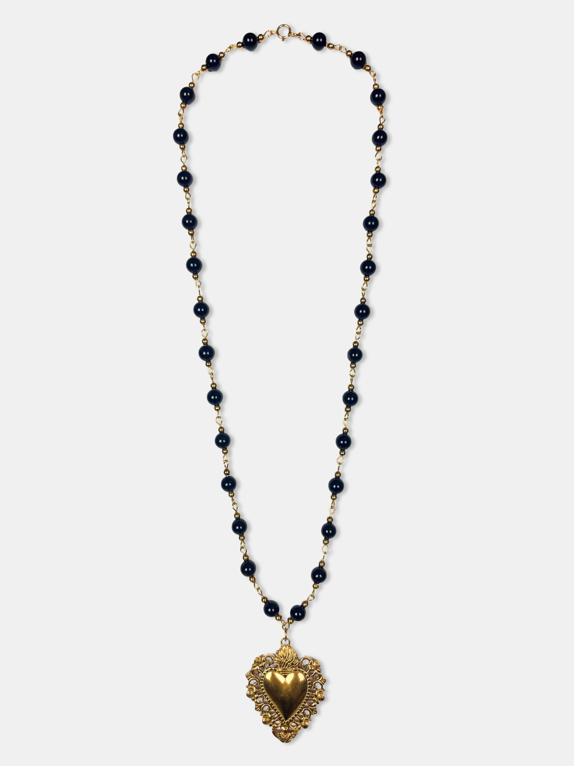 Gold heart pendant necklace with black beaded chain