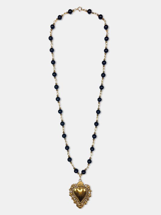 Gold heart pendant necklace with black beaded chain