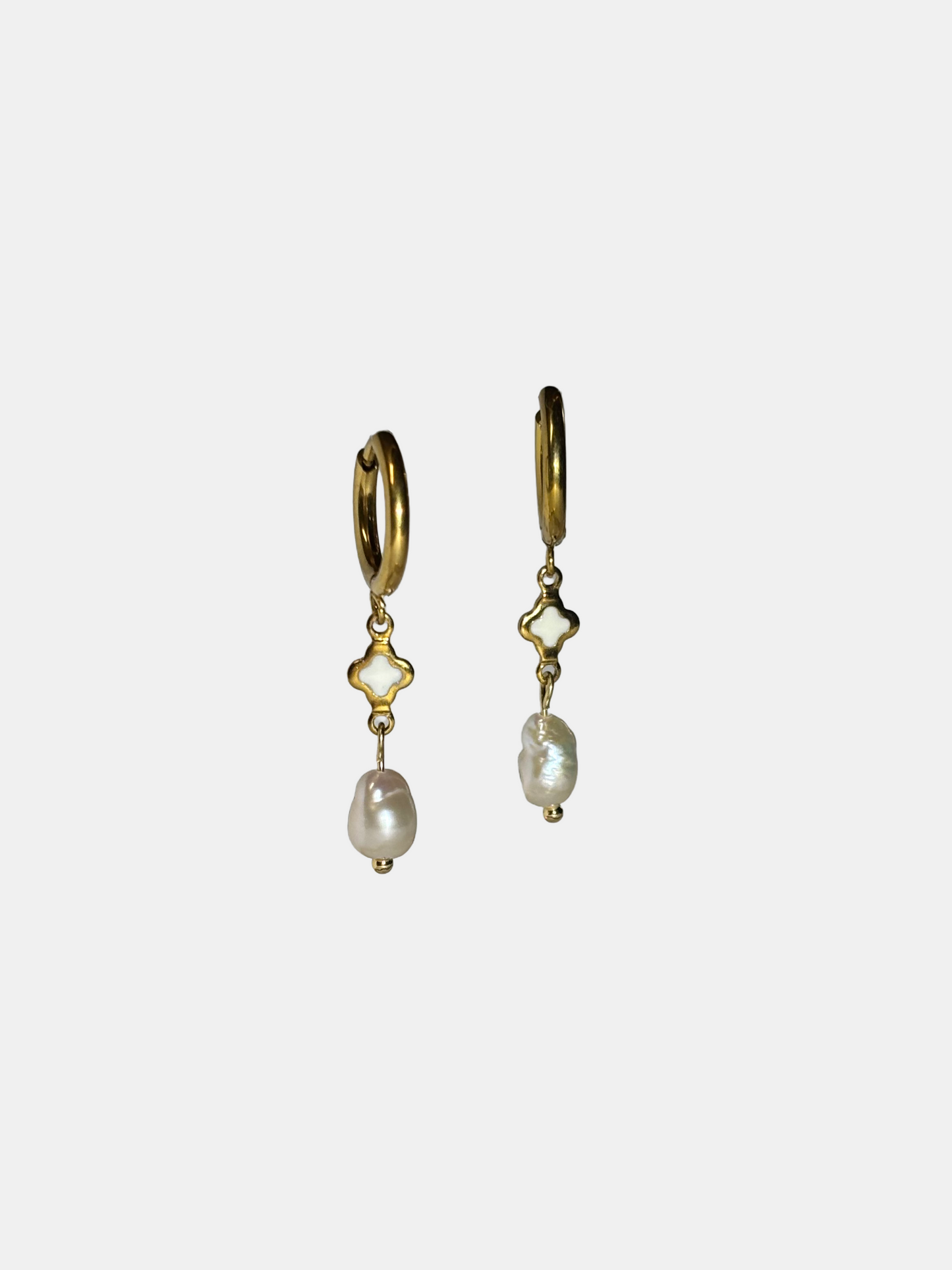 Elegant dangle earrings featuring gold hoops, clover-shaped accents, and real freshwater pearls.